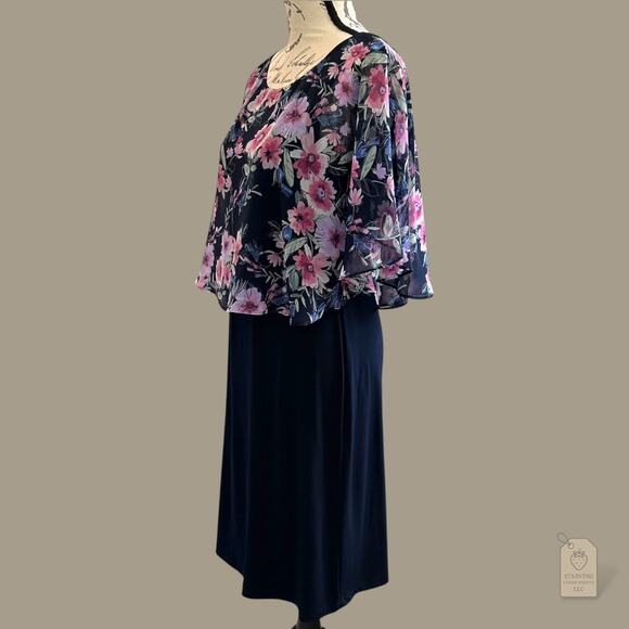 Navy Sheath Dress with Floral Chiffon Cape Overlay Size 6 Special Occasion - Picture 4 of 7